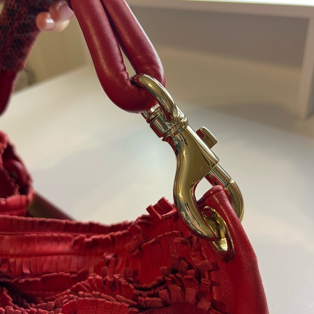 Jimmy Choo Red Suede Leather and Snakeskin Fringe Hobo Shoulder Bag - Picture 8 of 16
